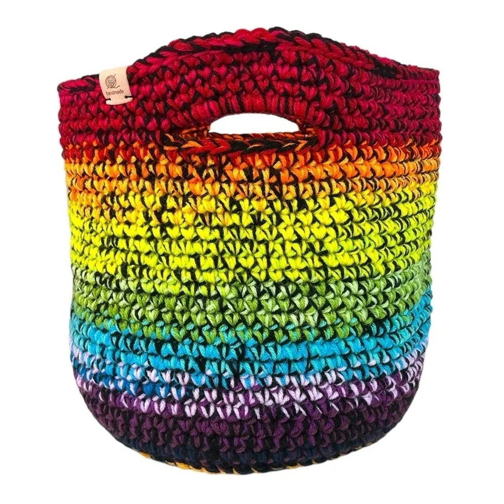 Handcrafted Multicolor Crochet Scrap Woven Tote Bag Basket Storage Handmade Knit